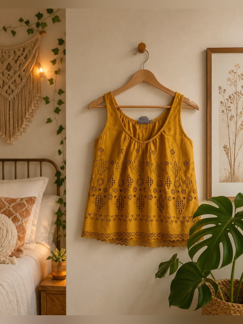Anthro Vanessa Virginia Yellow Eyelet Boho Tank Top Cottagecore Festival Y2K Era